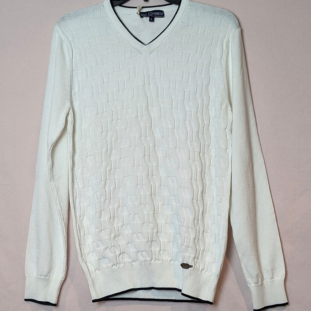 Paul Parker Off White Weave Textured Knit V Neck Pullover Sweater size Small